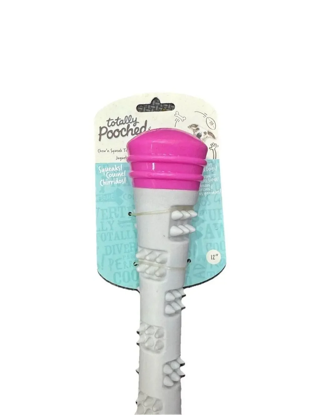 (RGB3) Totally Pooch 12” Chew & Squeak Dog Toy Textured Rubber Stick Pink & Gray